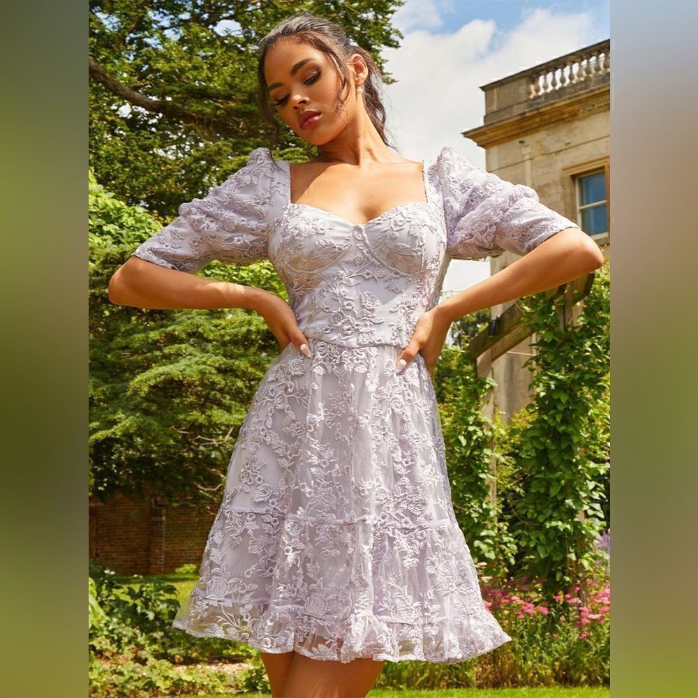 Sweetheart Puff Sleeve Embroidered Mini Dress in Lilac